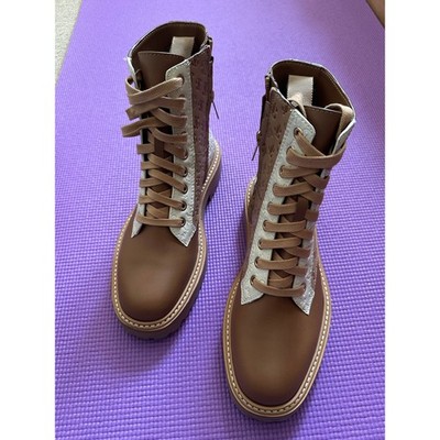$1196 Jimmy Choo Boots Size 36.5 Cora Ankle Leather Combat Boots Brown Monogram