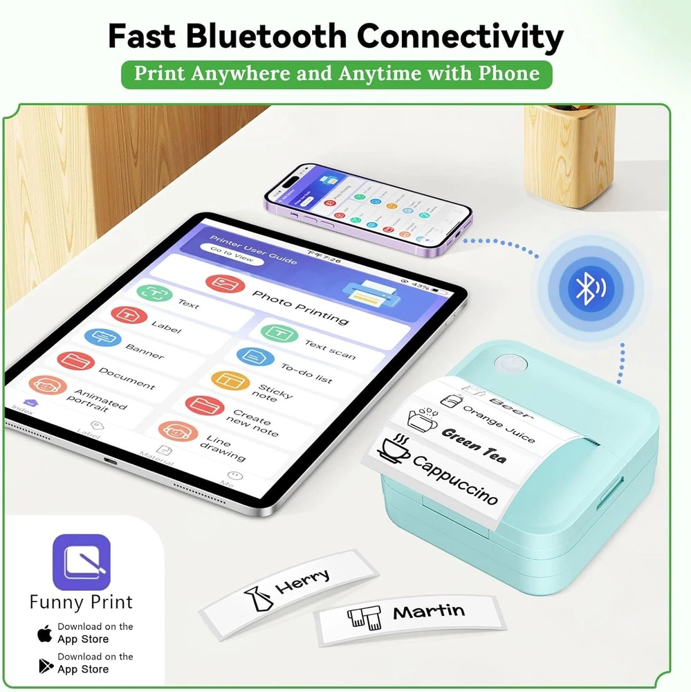 Bluetooth Mini Label Maker Machine with Blue Tape - Portable Sticker Printer