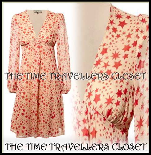 Biba, BIBA Cream Red Star Babydoll Midi Dress Vintage 40s WW2 Chiffon Retro UK 10 38 6