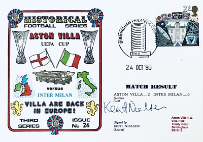 Kent Nielsen HANDSIGNIERT Aston Villa limitierte Auflage 1990 UEFA CUP Kampagne FDC COA