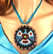 Native Style Handmade Beaded Eagle Turquoise Blue Black Organza Necklace N58/1