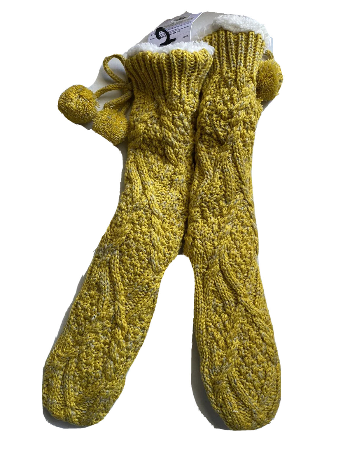 PANTOFOLA D’ORO Express Womens Size 6 10 Yellow Cable Knit Slippers With Poms Faux Fur Lining