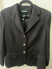 Lauren Ralph Lauren Sz 12 Black 100 Wool Blazer Jacket Gold-tone Crest Buttons