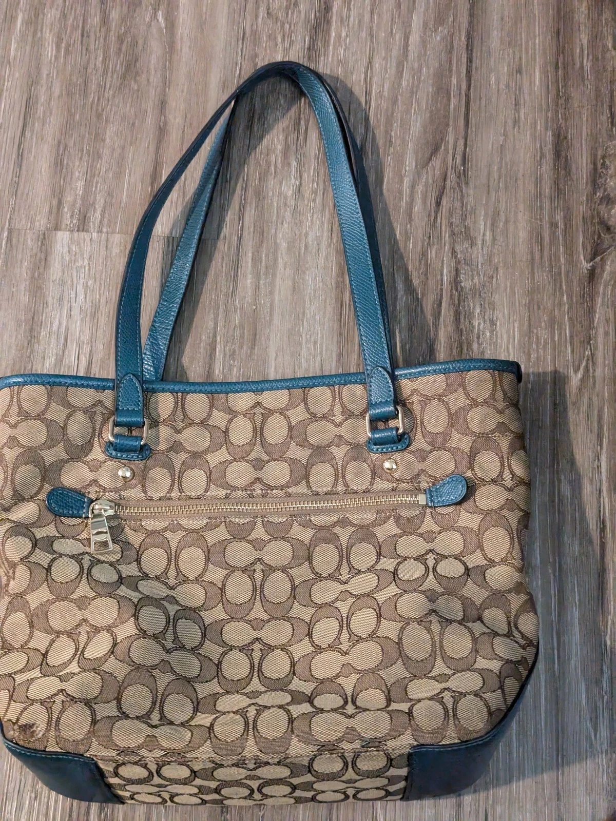 Borsa Coach tote bag blu kaki e atlantico firma logo tela pelle zip borsetta