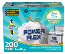 Member's Mark Power Flex 13-Gallon Tall Kitchen Trash Bags, Fresh Scent, 200 ct.