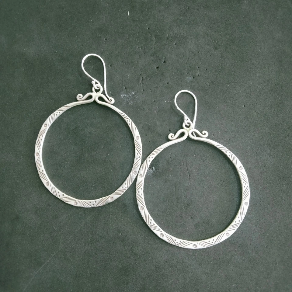 PENDIENTES PLATA FINA 925 ARTESANÍA ESTERLINA Cuelgan 9g Aro Redondo Vintage 23814 Foto 2 de 4