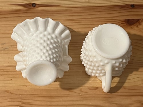 Vintage Fenton Hobnail Studded White Star Creamer & Milk Glass Handled Basket - Picture 6 of 8