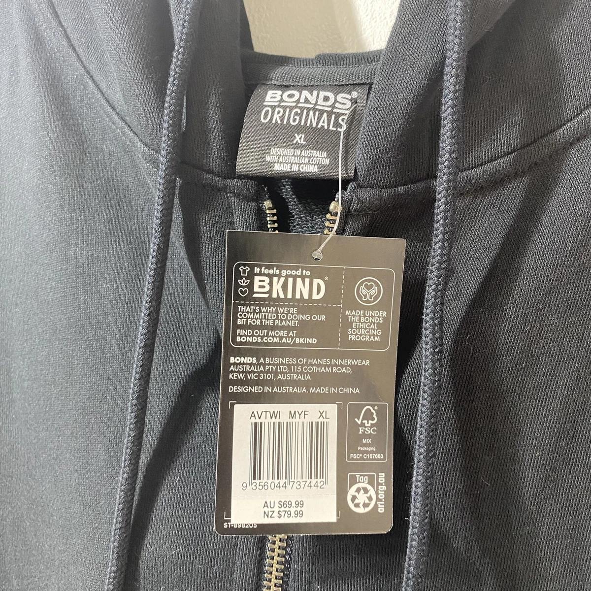 NEW Bonds Apparel Aussie Cotton Black Originals Zip Hoodie XL