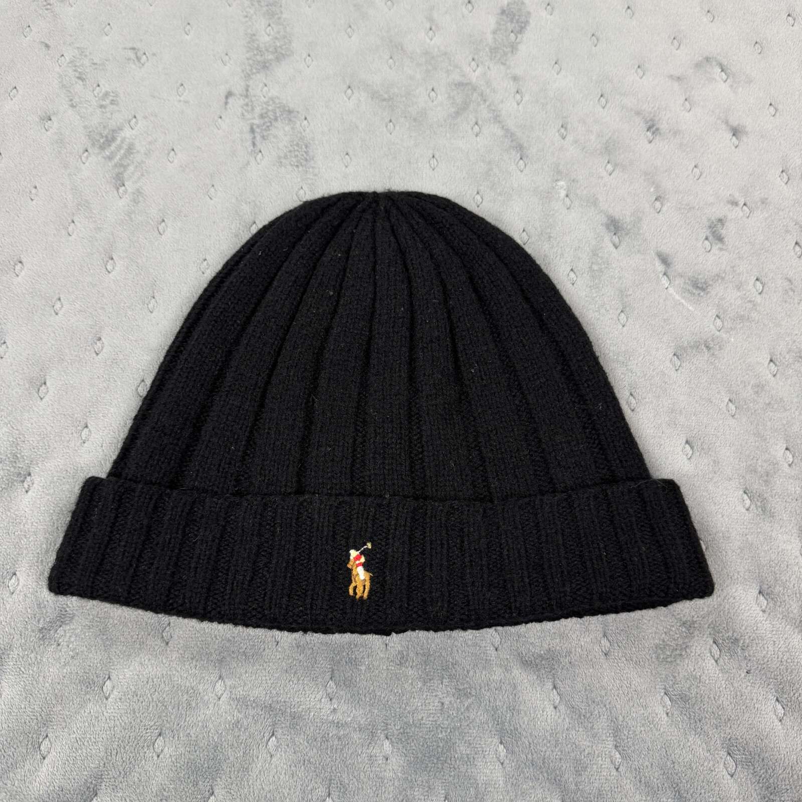 Cappello Polo Ralph Lauren misto lana berretto invernale nero con polsini a costine pony outdoor