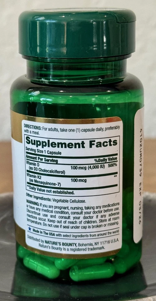 NATURE'S BOUNTY VITAMINA K2+D3 100MCG-4000IU TAPA 30CT caducidad 26/03 Foto 2 de 3