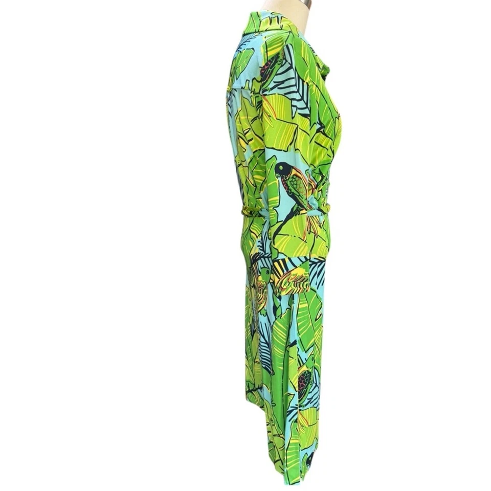 LILLY PULITZER 100% Silk Palm and Parrot 3/4 Sleeve Tie Front shirt dress Size 8 - Image 4 of 4