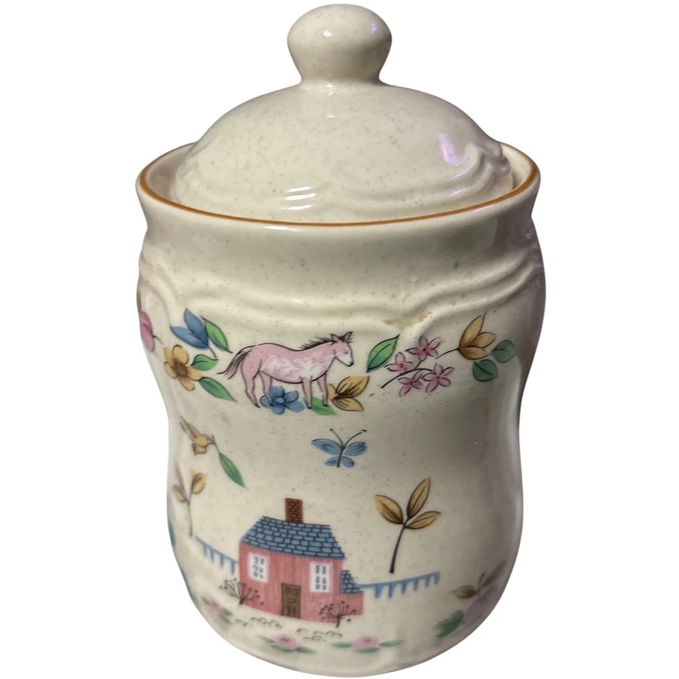 Juego de botes de cerámica vintage granja escena de campo casas azules cerdos florales Foto 4 de 4