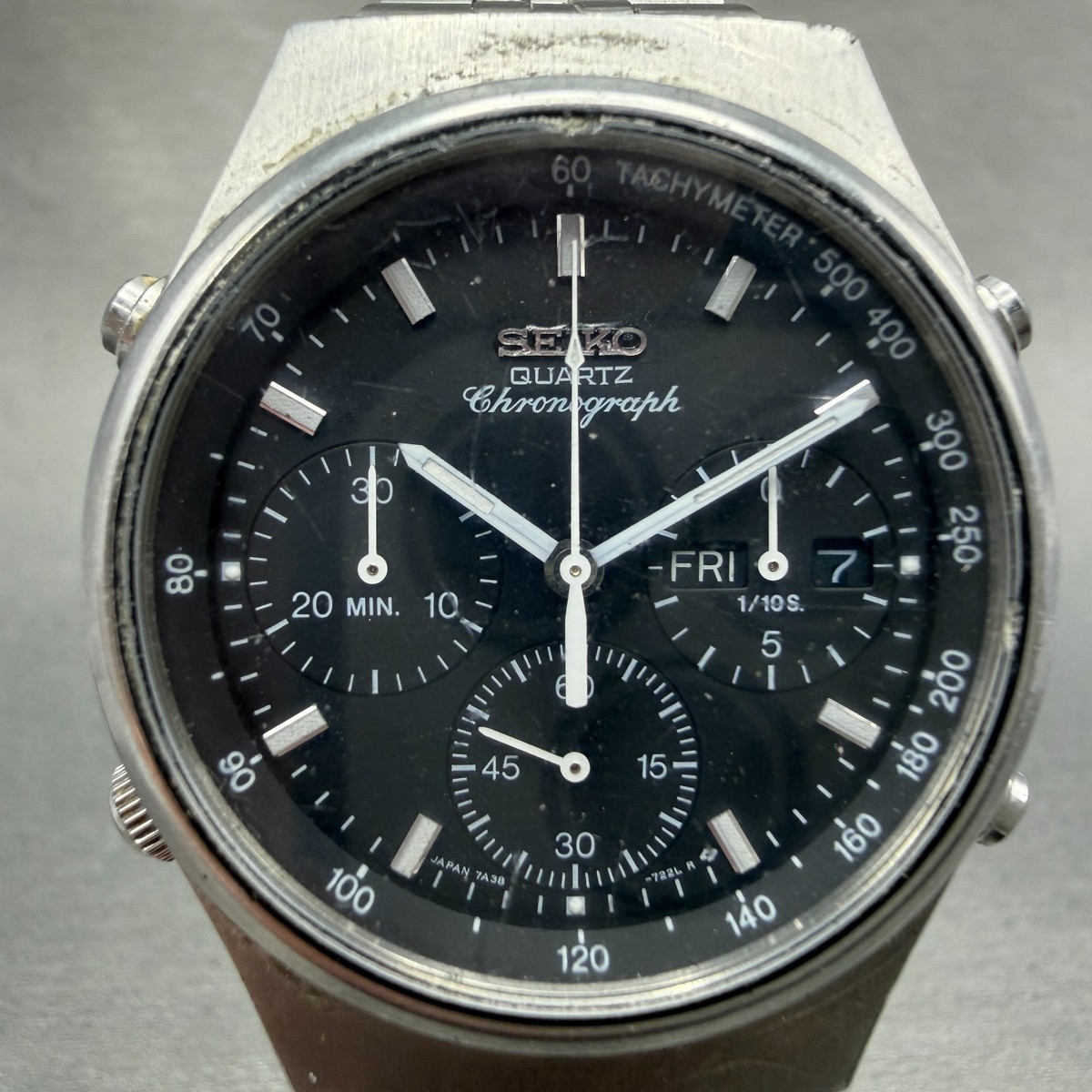 Seiko Chronograph Watch Men 37mm Black Dial Steel Daydate 7A38