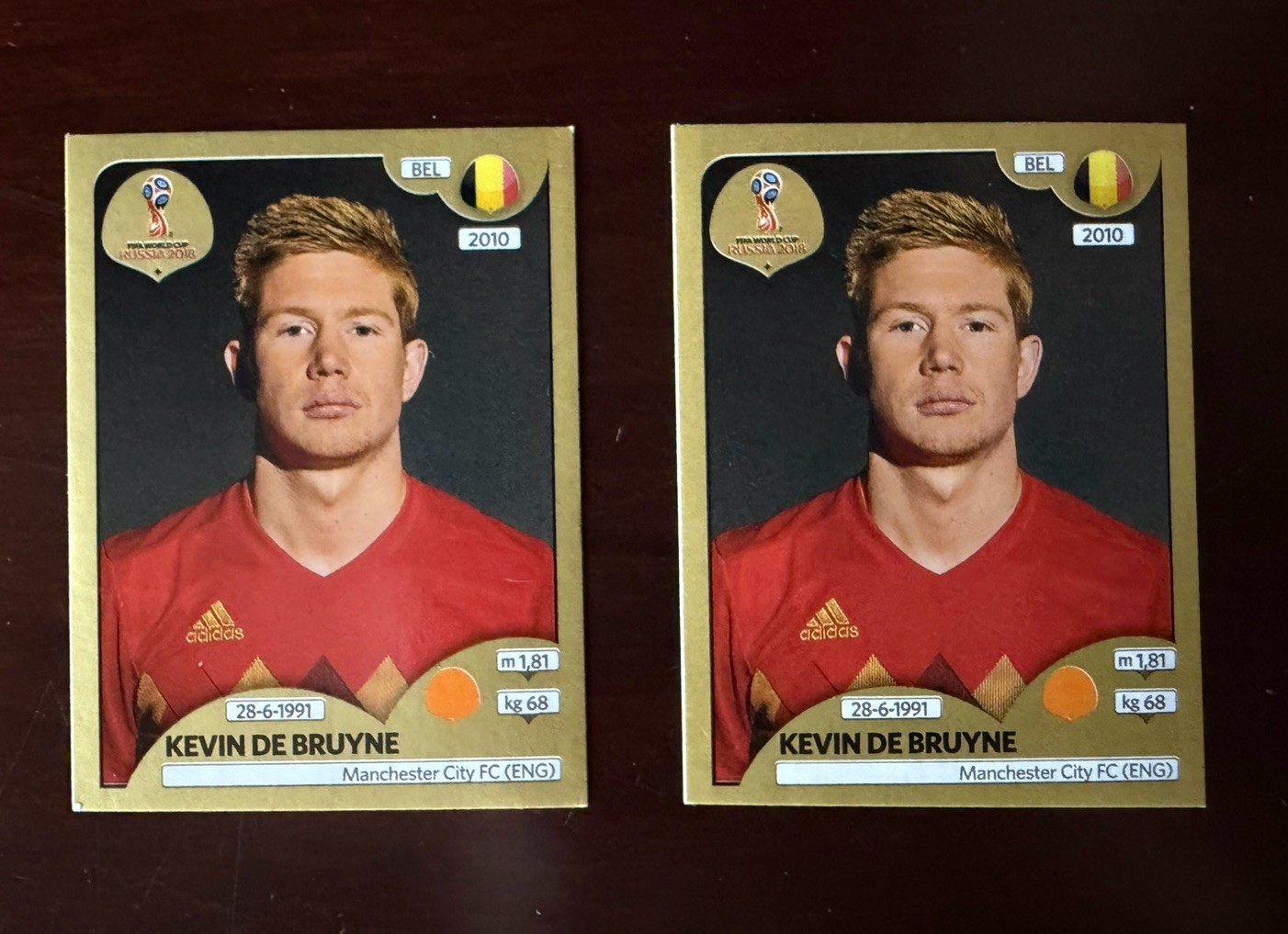 Panini 2018 World Cup # 522 KEVIN DE BRUYNE- Swiss Gold Edition -2 Stickers