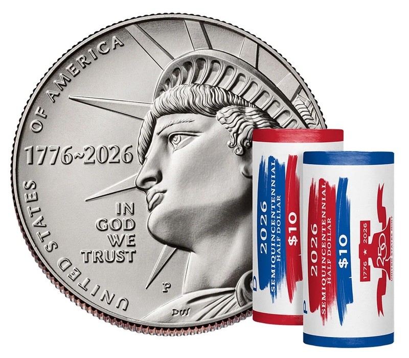 2026 Semiquincentennial Enduring Liberty Half Dollar P &D 2 Roll Set 26QRA