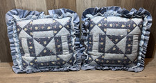 Vtg Patchwork Flower Pattern Quilted Pillow 17" Set of 2 Blue Ruffle Primitive