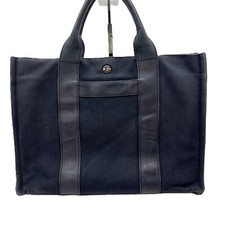 HERMES Sac Arne MM Tote Bag Handbag Navy Toile Ash Canvas Leather Auth