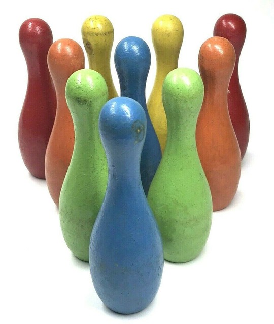 10 Vintage MultiColored Child's Toy Wooden Bowling Pins eBay