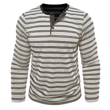 Mens Casual Henley Shirts Long Sleeve Button Tee Soft Striped Basic Pullover Top