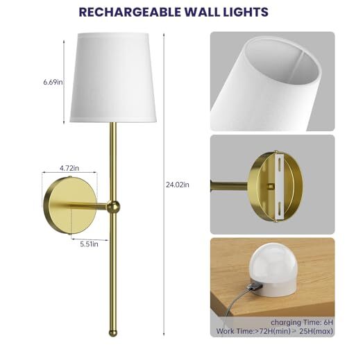 Battery Operated Wall Sconces Set of Two, Gold Rechargeable Wall Lights