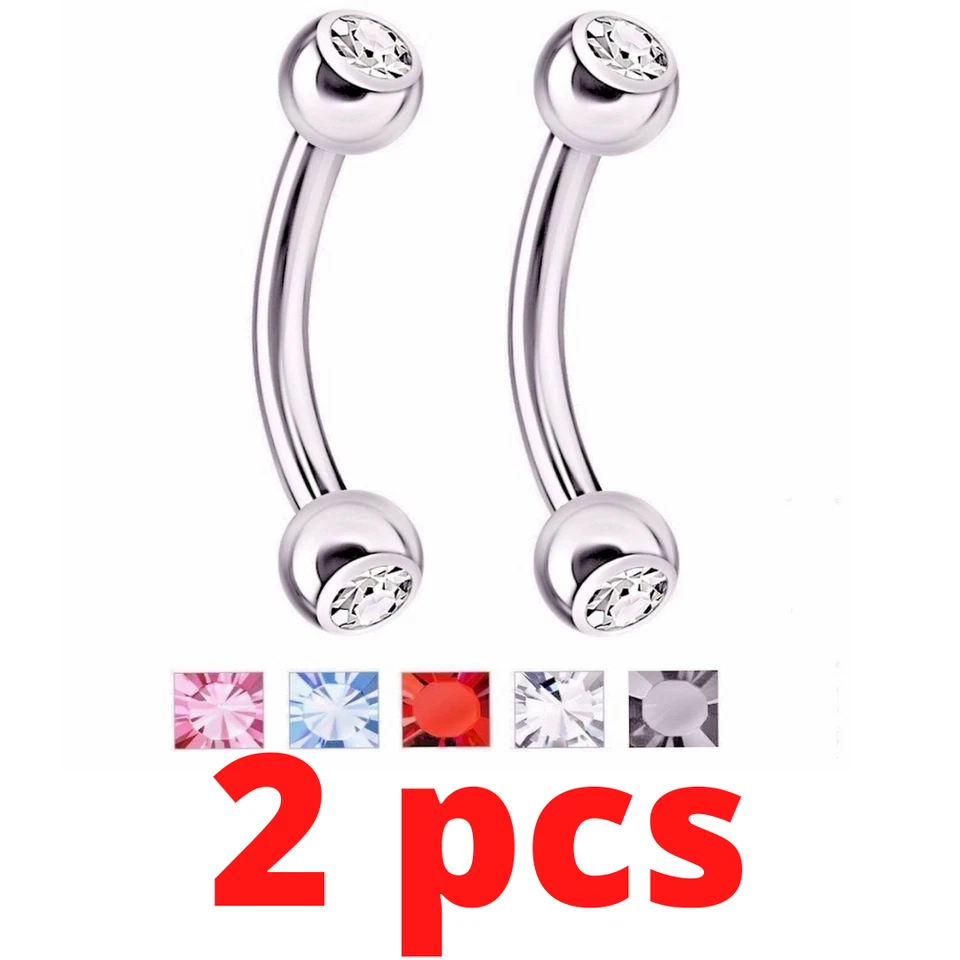 PAIR 18G 1/4" DOUBLE CZ GEM CURVED STEEL BARBELL TRAGUS ROOK EYEBROW EAR RINGS