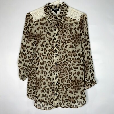 BCX Women s Top sz Med. Leopard Lace Shear Animal Blouse 3/4 Tab Sleeves Flowy