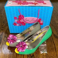Poetic License 8.5 M Green pink Heels Pumps Retro Peep Toe Flower Summer Bloom