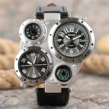 OULM Military Army Dual Time Zones Men Quartz Watch Big Dial Leather Strap Gift