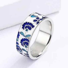 Blue Enamel Flower Ring for Women Handmade Band Silver Tone Bridal Jewelry