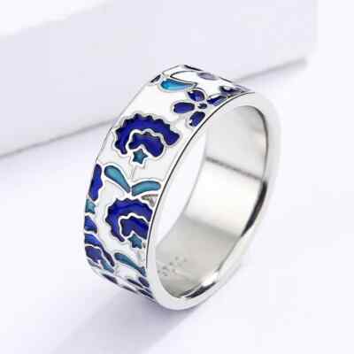 Blue Enamel Flower Ring for Women Handmade Band Silver Tone Bridal Jewelry