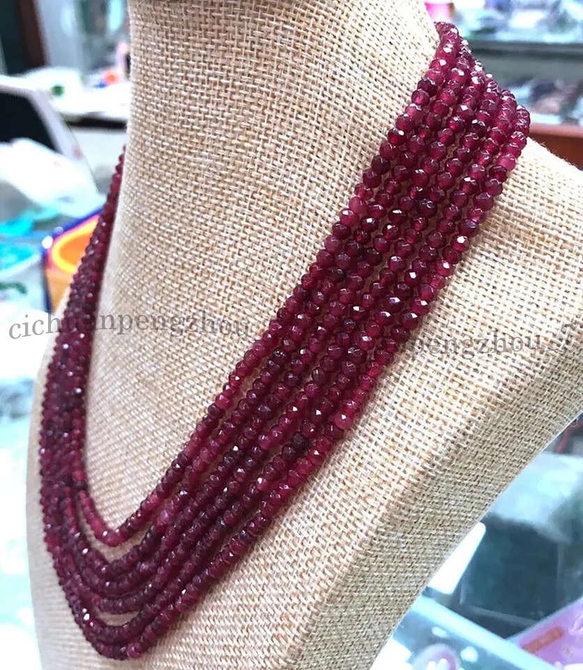 Natural 6 Rows 2x4mm Faceted Red Garnet Rondelle Gemstone Beads Necklace 17-22'' - Image 2 of 4