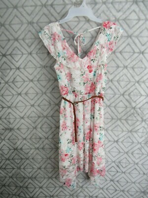 No Boundaries Dress Size M 7 9 Juniors White Floral Lace Lined V Front Back Belt