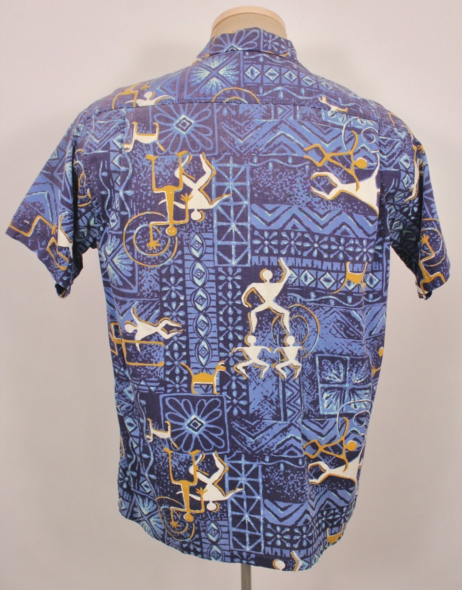 Men's VTG 50s Blue Tiki / Hawaiian Shirt Sz M 1950s Lanier