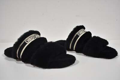 Christian Dior Chez Moi Black Shearling Fur White Logo Slide Flat