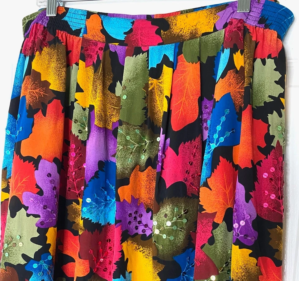 Falda midi plisada seda lentejuelas estampado motivo hoja DIANE GILMAN 3X 22W 24W VINTAGE Foto 3 de 4