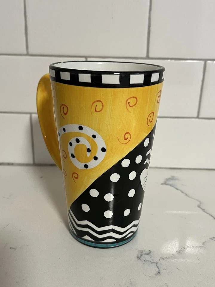 Taza de té café Laurel Burch alta vintage años 90 gato negro 16 oz fondo amarillo Foto 2 de 4