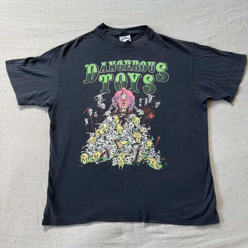 Camiseta VERDADERA Vintage DANGEROUS TOYS XL 1989 TOUR Rock Clown NEGRA Hanes Suave Foto 2 de 4
