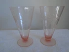 2 Vtg Pink Depression Glass Wheel Etched Cone Footed Art Deco Parfait, Ice cream