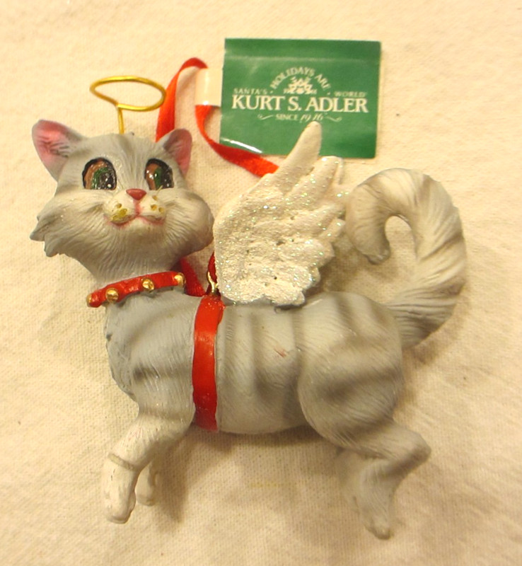 Kurt S Adler Resin Cat Angel Ornament, gray and white striped cat