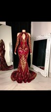 Red Gold Sequin Formal Mermaid Gown Long Sleeve Cutout Details