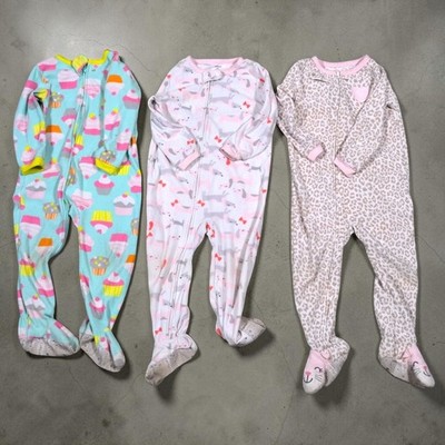Carters 3T Girls Fleece Pajamas Lot 3 Cupcake Dog Leopard Footed Sleepers Pink