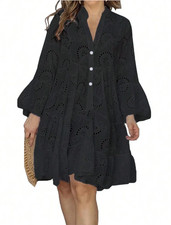 HollowElegant Dresses For Women Solid V Neck Flared Sleeve VintageCocktail Dress