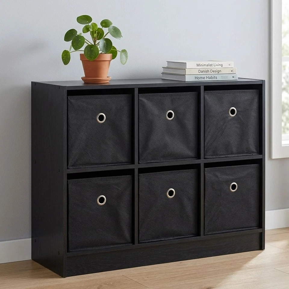 Jeu Rayonnage Sur Pied Réglable Chambre Enfant Noir Gris 6 Boîtes - Photo 1/4