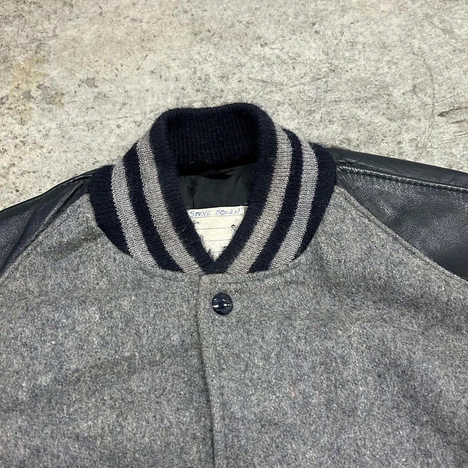 Винтажный DeLong Varsity куртка мужская 44 длиной серый черный шерсти кожи Snap ACS 90-х - Изображение 3 из 4