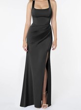 Azazie Mero Black Mermaid Pleated Stretch Satin Bridesmaids Dress Size A8