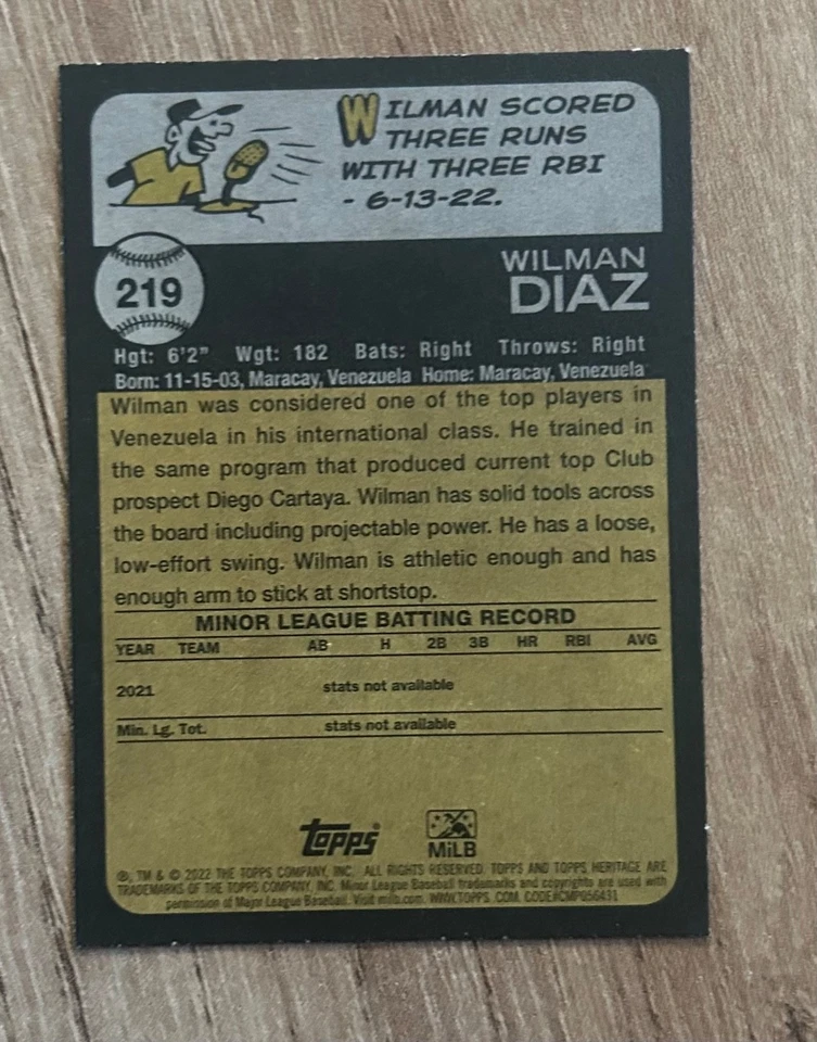 2022 Topps Heritage Minor League Wilman Diaz #219 SP Los Angeles Dodgers - Image 2 of 2