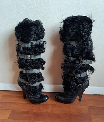 Roberto Cavalli Real Fur Leather Boots with Buckles Size 37