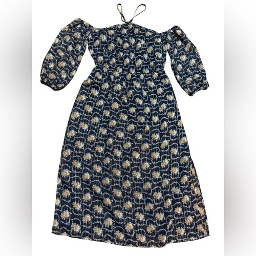 Club Monaco Tansa Kleid in tiefem Saphirblau Blumenmuster Metallic Gr. 2 - Bild 10 von 16