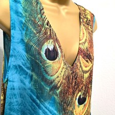 NWT Peacock Maxi Sleeveless Tank Dress Womens Sz Lge Colorful Blue Feathers Boho