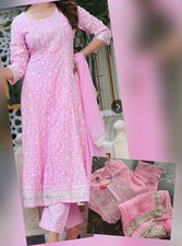 NEW 3 Pcs Pink Anarkali Kurta Pant outfit Women's Plus Size 3XL 46 Mirror Work